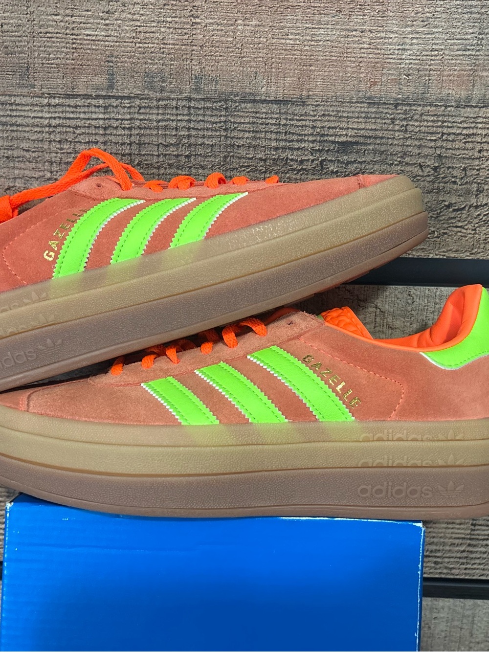 adidas Gazelle Suede Sneakers in Coral Orange & Neon Green- triple gum bottoms